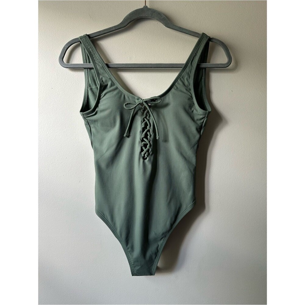 Xhilaration Sage Green Olive Ribbed Lace-Up One-Piece Swimsuit NWT Size S Cheeky